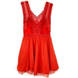 Free People Victoria Lace Mini Dress Red V Neck